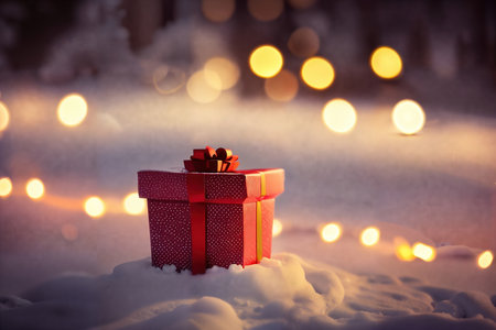 Boxes of gifts lying on the snow, close up view. AI generative.の素材