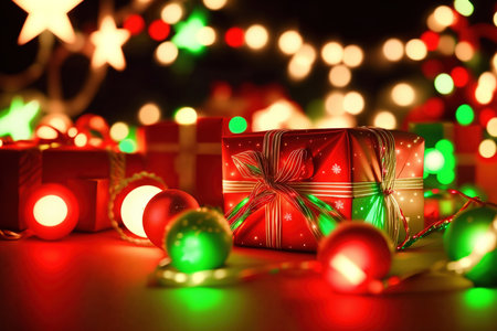 Boxes of gifts decorated with festive garlands. A close-up view. AI generative.の素材
