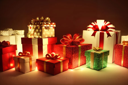 Boxes of gifts decorated with festive garlands. A close-up view. AI generative.の素材