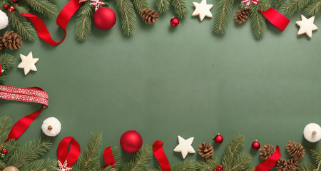 Board, wall, or table with Christmas decorations and a blank space, top view. AI generative.の素材
