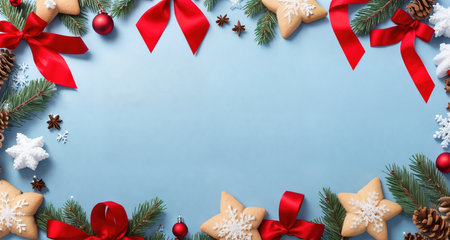 Board, wall, or table with Christmas decorations and a blank space, top view. AI generative.の素材