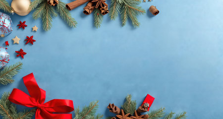 Board, wall, or table with Christmas decorations and a blank space, top view. AI generative.の素材