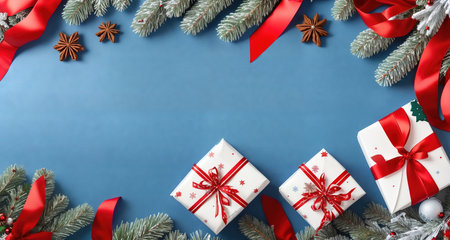 Board, wall, or table with Christmas decorations and a blank space, top view. AI generative.の素材