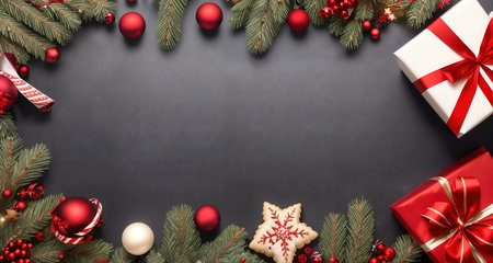 Board, wall, or table with Christmas decorations and a blank space, top view. AI generative.の素材