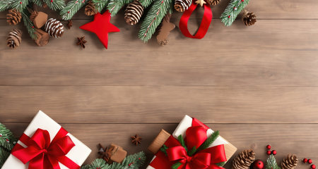 Board, wall, or table with Christmas decorations and a blank space, top view. AI generative.の素材