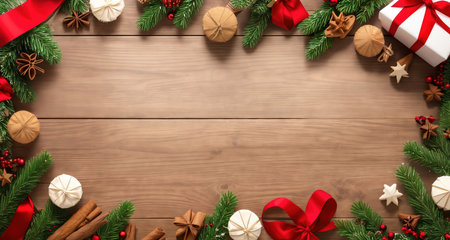 Board, wall, or table with Christmas decorations and a blank space, top view. AI generative.の素材