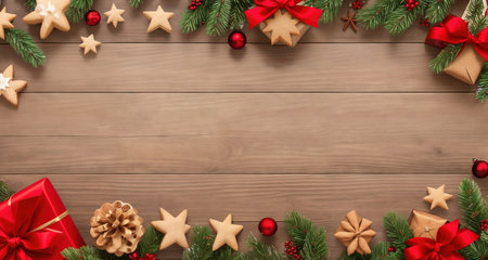 Board, wall, or table with Christmas decorations and a blank space, top view. AI generative.の素材