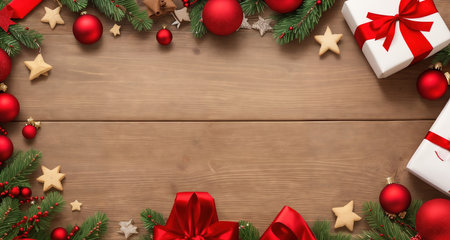 Board, wall, or table with Christmas decorations and a blank space, top view. AI generative.の素材