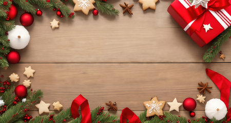 Board, wall, or table with Christmas decorations and a blank space, top view. AI generative.の素材