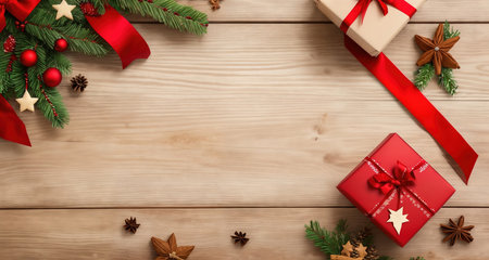 Board, wall, or table with Christmas decorations and a blank space, top view. AI generative.の素材