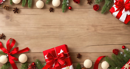 Board, wall, or table with Christmas decorations and a blank space, top view. AI generative.の素材