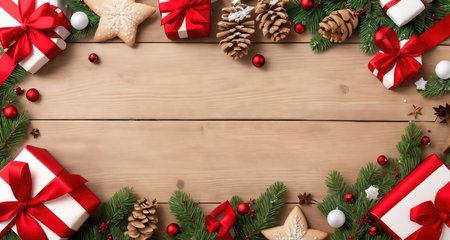 Board, wall, or table with Christmas decorations and a blank space, top view. AI generative.の素材