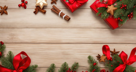 Board, wall, or table with Christmas decorations and a blank space, top view. AI generative.の素材