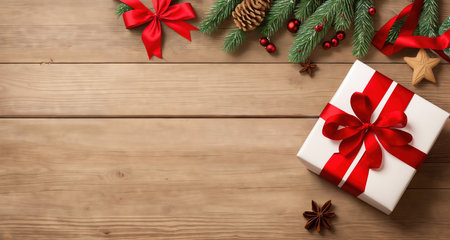 Board, wall, or table with Christmas decorations and a blank space, top view. AI generative.の素材