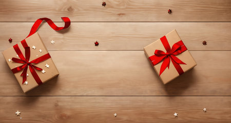 Board, wall, or table with Christmas decorations and a blank space, top view. AI generative.の素材