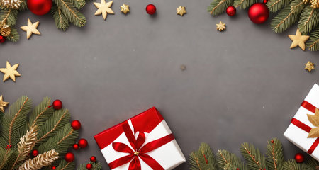Board, wall, or table with Christmas decorations and a blank space, top view. AI generative.の素材