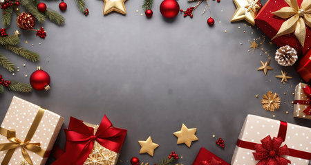 Board, wall, or table with Christmas decorations and a blank space, top view. AI generative.の素材