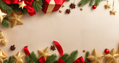 Board, wall, or table with Christmas decorations and a blank space, top view. AI generative.の素材