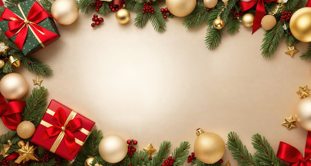 Board, wall, or table with Christmas decorations and a blank space, top view. AI generative.の素材