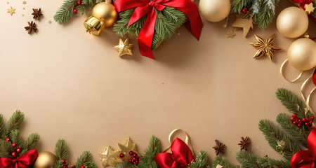 Board, wall, or table with Christmas decorations and a blank space, top view. AI generative.の素材