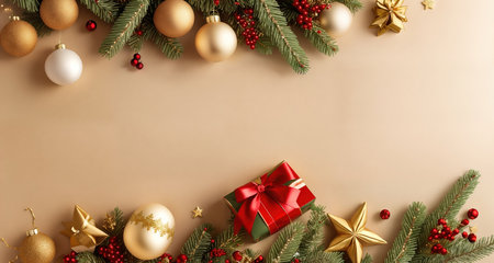 Board, wall, or table with Christmas decorations and a blank space, top view. AI generative.の素材
