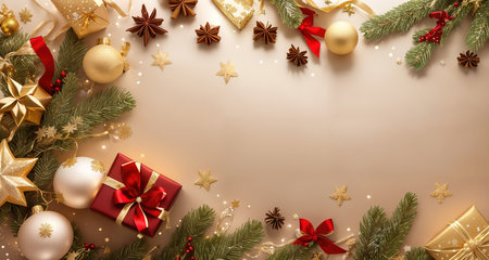 Board, wall, or table with Christmas decorations and a blank space, top view. AI generative.の素材
