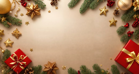 Board, wall, or table with Christmas decorations and a blank space, top view. AI generative.の素材