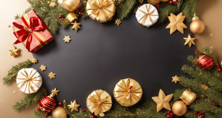 Board, wall, or table with Christmas decorations and a blank space, top view. AI generative.の素材