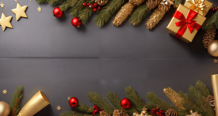 Board, wall, or table with Christmas decorations and a blank space, top view. AI generative.の素材