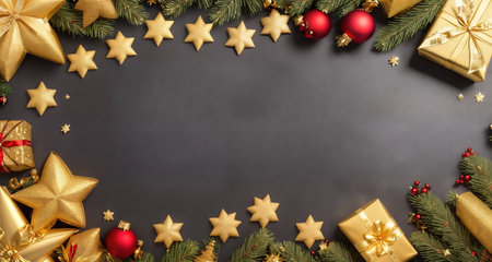 Board, wall, or table with Christmas decorations and a blank space, top view. AI generative.の素材