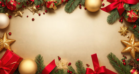 Board, wall, or table with Christmas decorations and a blank space, top view. AI generative.の素材