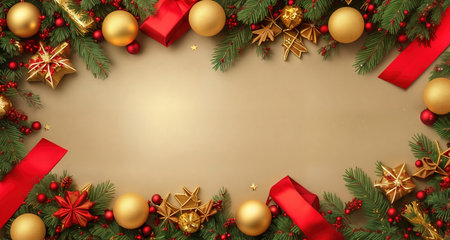 Board, wall, or table with Christmas decorations and a blank space, top view. AI generative.の素材