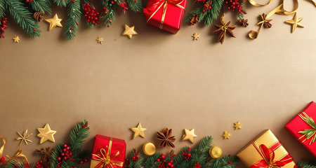 Board, wall, or table with Christmas decorations and a blank space, top view. AI generative.の素材