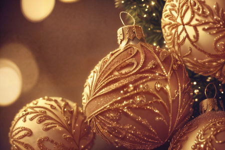 A close-up image of Christmas balls. AI generative.の素材