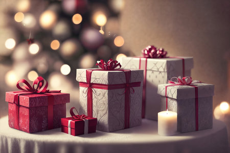 Boxes of gifts on the table with Christmas decoration. A close-up view. AI generative.の素材