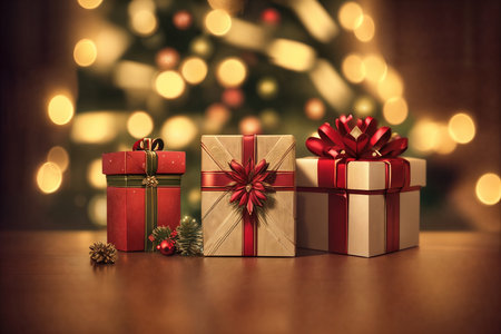 Boxes of gifts on the table with Christmas decoration. A close-up view. AI generative.の素材