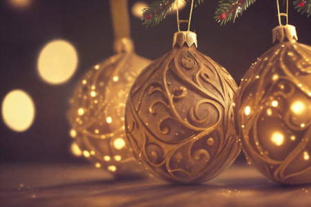 A close-up image of Christmas balls. AI generative.の素材