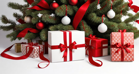 Boxes of gifts on the table with Christmas decoration. A close-up view. AI generative.の素材
