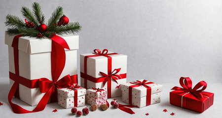 Boxes of gifts on the table with Christmas decoration. A close-up view. AI generative.の素材