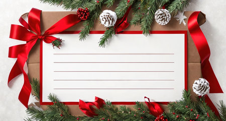 A postcard with a festive Christmas decoration and a blank space. AI generative.の素材