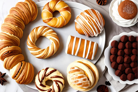 Various pastries on the table, top view. AI generative.の素材
