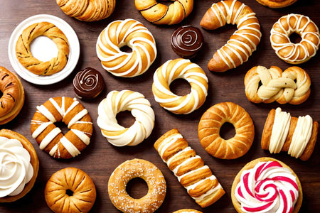 Various pastries on the table, top view. AI generative.の素材