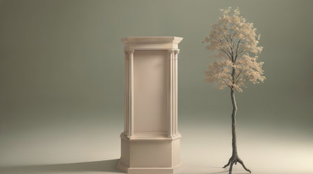 Minimalist background layout with a podium for product presentation. A podium and trees. AI generative.の素材