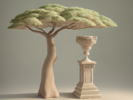 Minimalist background with a tree installation and a blank space. AI generative.の素材