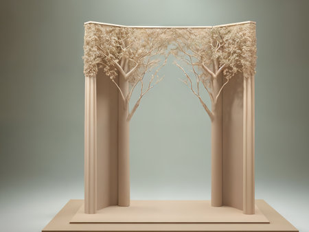 Minimalist background layout with a podium for product presentation. A podium and trees. AI generative.の素材