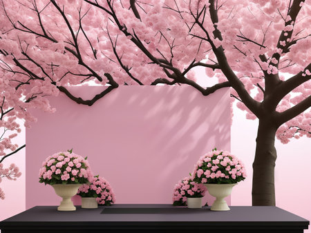 Minimalist background layout with a podium for product presentation. A podium and trees. AI generative.の素材