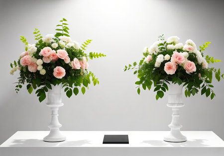Minimalist background layout with a podium for product presentation and two bouquets.の素材