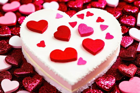 Background in pink and red tones with hearts of different shapes, colors and textures.の素材
