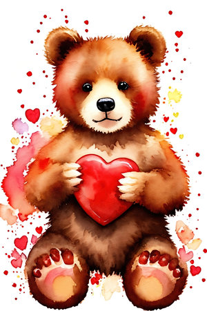 Cute little bear cub holding a heart. Watercolor drawing.の素材