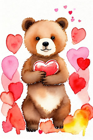 Cute little bear cub holding a heart. Watercolor drawing.の素材